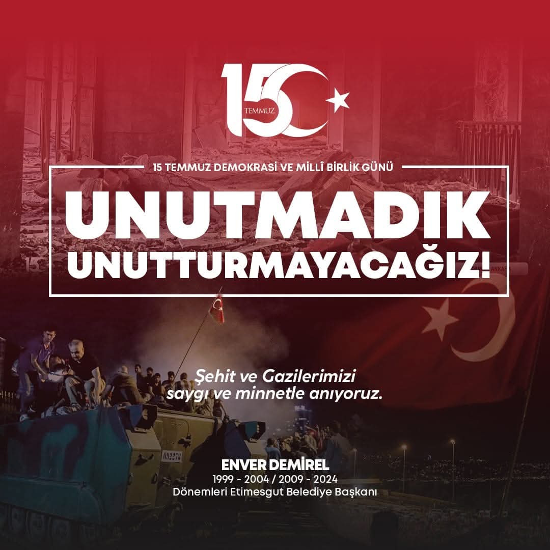 15 Temmuz hain darbe girişiminde vatan uğruna canlarını feda eden tüm şehitlerimizi rahmetle, minnetle anıyor, gazilerimize sağlık ve afiyet diliyorum.

O gece büyük bir inançla mücadele ederek darbeye dur diyen halkımızın 15 Temmuz Demokrasi ve Millî Birlik Günü’nü kutluyorum.