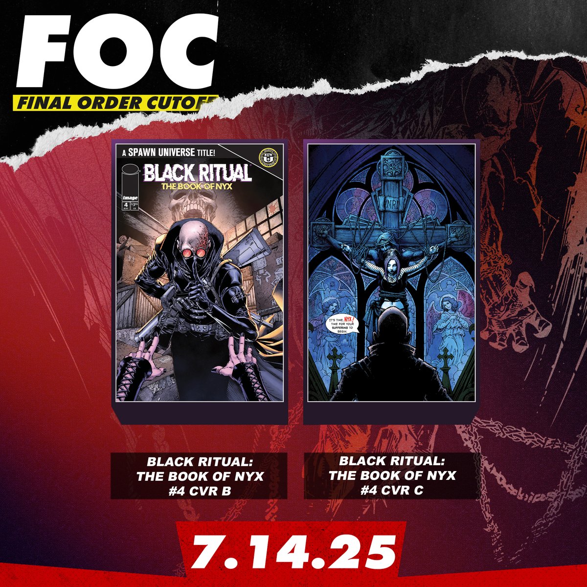 McFarlaneComics's tweet image. It's MONDAY, so you know what that means.... FINAL ORDER CUTOFF! 🚨
BLACK RITUAL: THE BOOK OF NYX #4
SPAWN ORIGINS VOL. 31 TP - collecting SPAWN #185-190
and SPAWN COMPENDIUM VOL. 7 TP - collecting SPAWN #302-350
What are YOU pre-ordering? 💀
#comics #FOC #spawn…