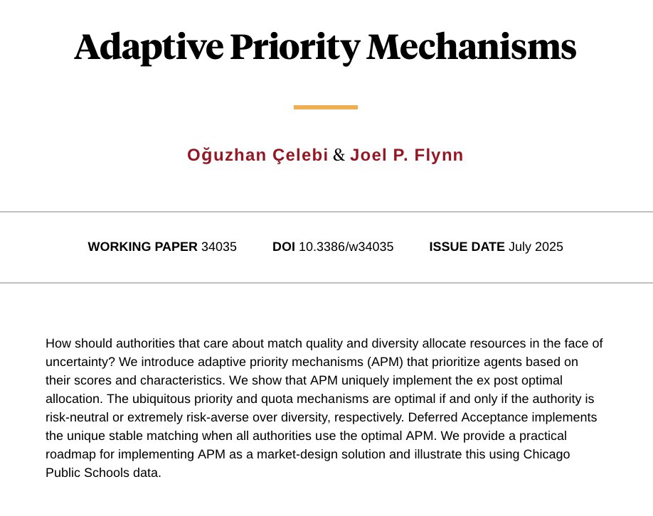 YaleEconomics's tweet image. How should authorities that care about match quality and diversity allocate resources in the face of uncertainty?
NEW in @nberpubs by Oğuzhan Çelebi and Joel P. Flynn: nber.org/papers/w34035