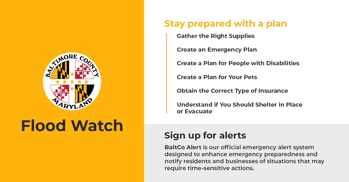 BaltCoGov's tweet image. A Flood Watch has been issued for Baltimore County until July 15 at 12:00 a.m. 🚨
Make sure you have a safe place to shelter during the storm and always remember to #TurnAroundDontDrown when approaching flooded roadways.
Sign up for BaltCo Alert ⤵️
baltimorecountymd.gov/departments/em…