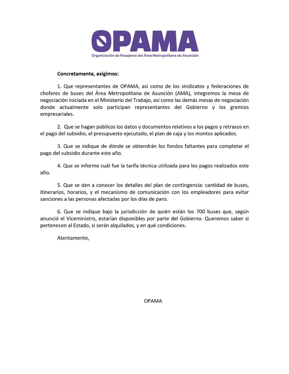 Exigimos transparencia, participar de las mesas de negociaciones del paro y de la tarifa técnica, y un mejor servicio inmediatamente.