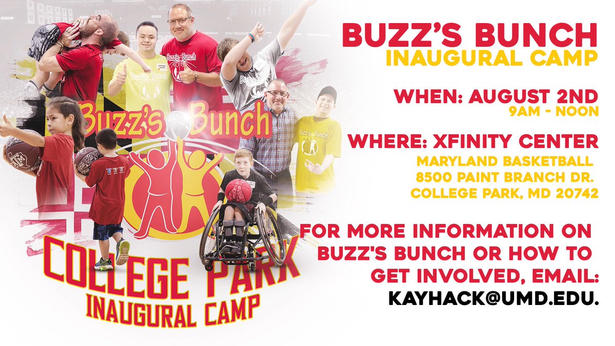 TeamCoachBuzz's tweet image. Excited to announce our Inaugural Buzz’s Bunch Camp for children with special needs in College Park this Summer!
📆 When: Saturday, August 2nd
📍 Where: XFINITY Center
📲 Learn More Here: umterps.com/news/2025/6/27…
📧 To register or for more information email: kayhack@umd.edu
