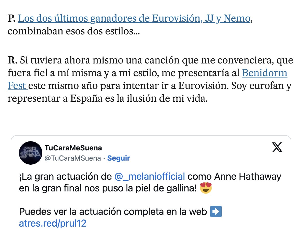 luismesacabello's tweet photo. Melani concede una entrevista a El País y es clara: 

"Representar a España es la ilusión de mi vida. Si encontrara el tema iría este mismo año a #BenidormFest" 

🔗 https://t.co/NttnLJG4Gj

#Eurovision https://t.co/VAtDltfxF3