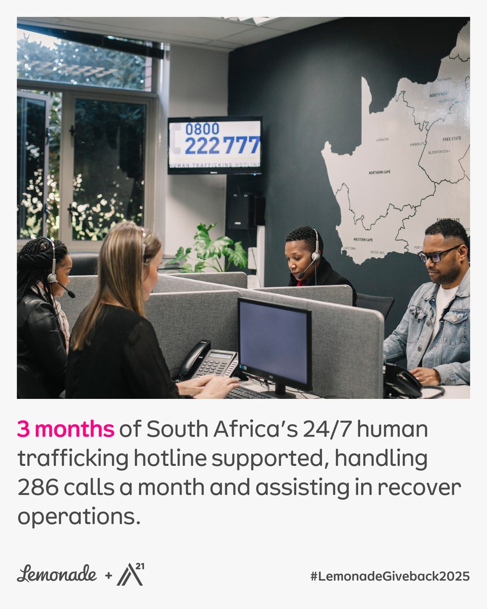 Thanks to the <a href="/Lemonade_Inc/">Lemonade</a>  community, we’re receiving generous support through the 2025 #LemonadeGiveback! This will help us run our 24/7 human trafficking hotline in South Africa for three months. 

Thank you, <a href="/Lemonade_Inc/">Lemonade</a>  🤝