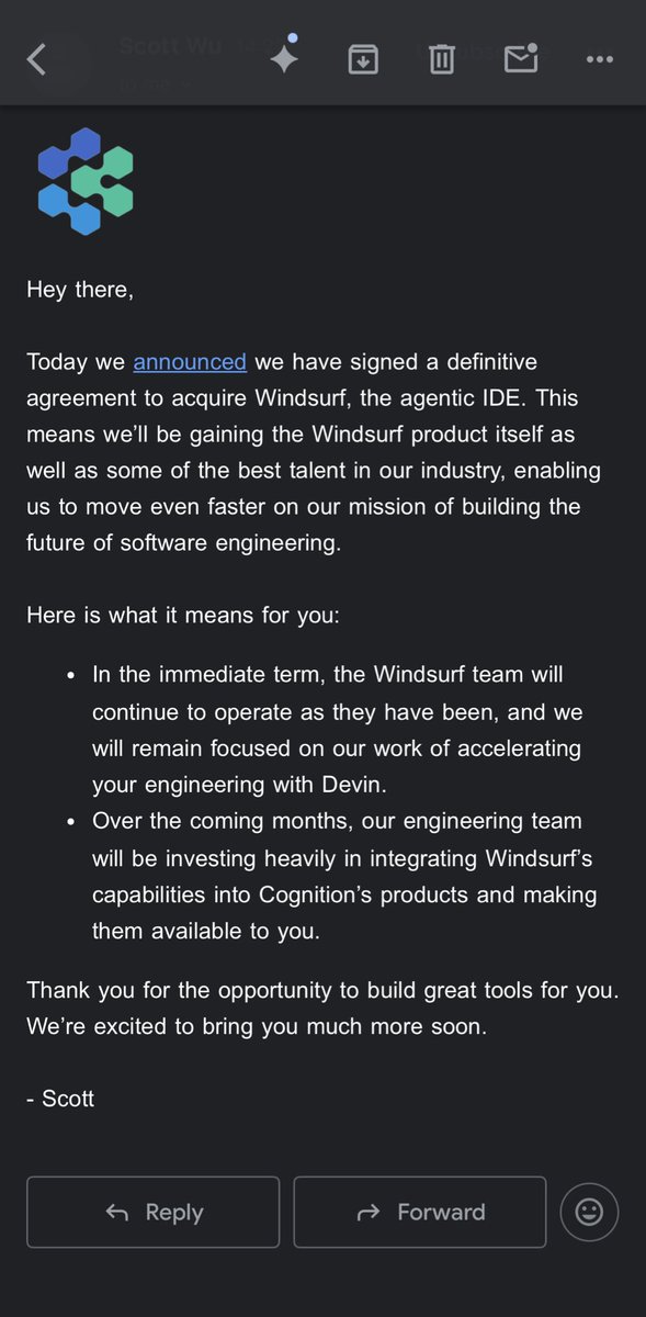 jraad27's tweet image. So @cognition_labs is acquiring @windsurf_ai… what a plot twist
Also excited to see what this means for human in the loop IDE development on one side, background agents on the other, and the blurring line between them.
After spending the last couple of weeks experimenting with…
