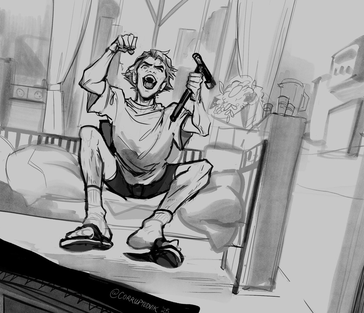 Corruptedvik's tweet image. Rough sketch. Viktor rooting for Jayce from the hospital bed~ (irl AU) #jayvik #arcanefanart