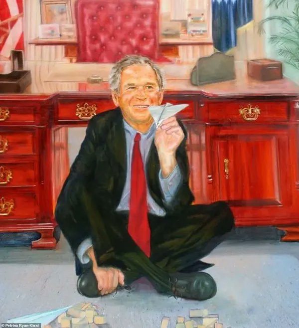 Epstein had a painting of George W. Bush called War Games, that featured the former President sitting on the floor of the White House playing with paper airplanes and two fallen Jenga towers, referencing the false flag attacks of 9/11.