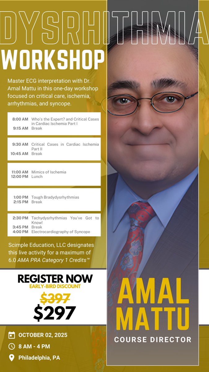 Haney Mallemat (@criticalcarenow) on Twitter photo Master dysrhythmias at <a href="/amalmattu/">Amal Mattu</a> ’s ECG workshop live in Philadelphia on October 2, 2025. Registrations are limited for an interactive experience.
resusx.com/offers/uKCvp2V… Master dysrhythmias at <a href="/amalmattu/">Amal Mattu</a> ’s ECG workshop live in Philadelphia on October 2, 2025. Registrations are limited for an interactive experience.
resusx.com/offers/uKCvp2V…