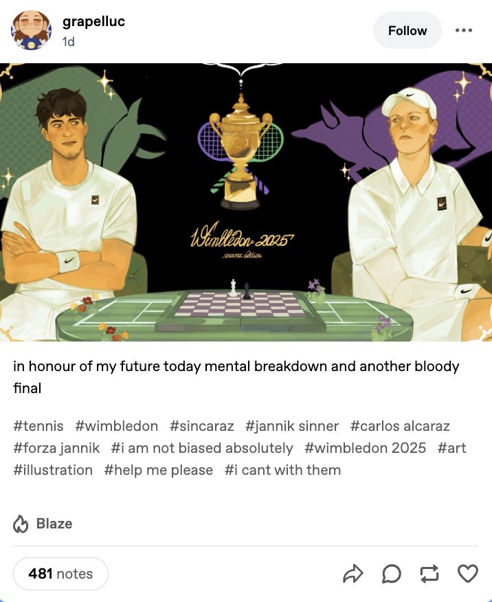 tumblr's tweet image. we need more wimbledon 🎾
this way please for post match discourse and some lovely fan art 👉 👉 tumblr.at/wimbledon
