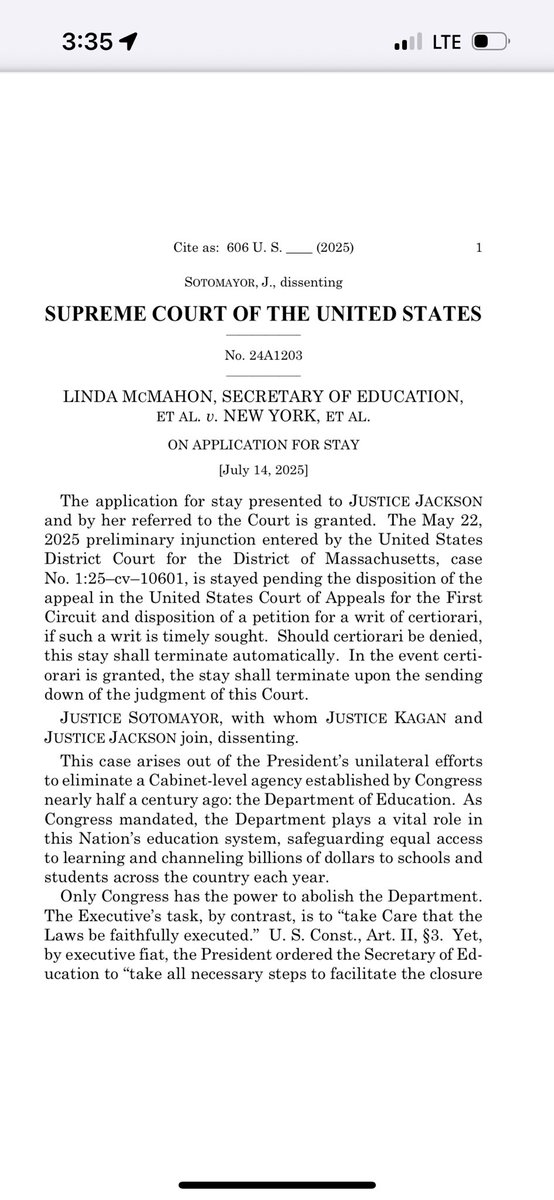 GraziellaPastor's tweet image. ANOTHER SUPREME COURT VICTORY!
The Supreme Court granted the Trump administration another win of a stay pending appeal on the Department of Education Reduction in Force case. They did not provide any reasoning, but this means the Administration can conduct RIFs and removals at…
