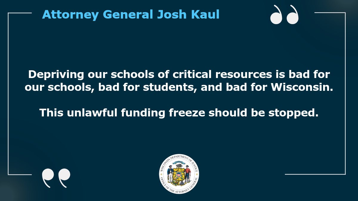 WisDOJ's tweet image. AG Kaul Sues Trump Administration for Freezing $6.8 Billion in Education Grants Just Weeks Before School Year Start; Wisconsin at risk of losing an estimated $72 million in funding.
View the full press release here: wisdoj.gov/PressReleases/…