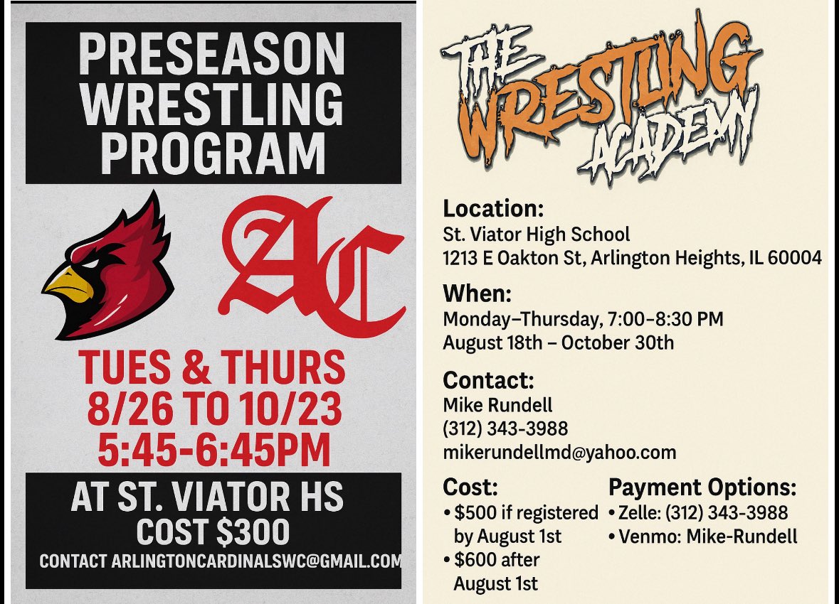 There will be two preseason programs staring in August. The <a href="/ACardinalsWC/">Arlington Cardinals WC</a> preseason session will be focused on fundamentals for younger/less experienced wrestlers. 

The Wrestling Academy Preseason session will be for experienced/elite wrestlers.