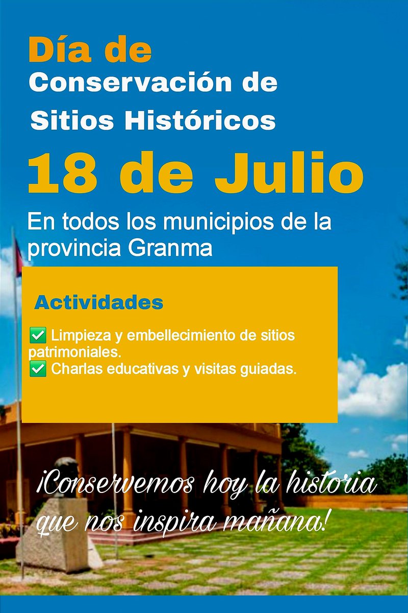 📅 Este #18deJulio celebramos el Día de Conservación de Sitios Históricos en todos los municipios de Granma.
🏛️ ¡Únete a las acciones por nuestro patrimonio!
#GranmaPreserva #PatrimonioGranma #CulturaGranma