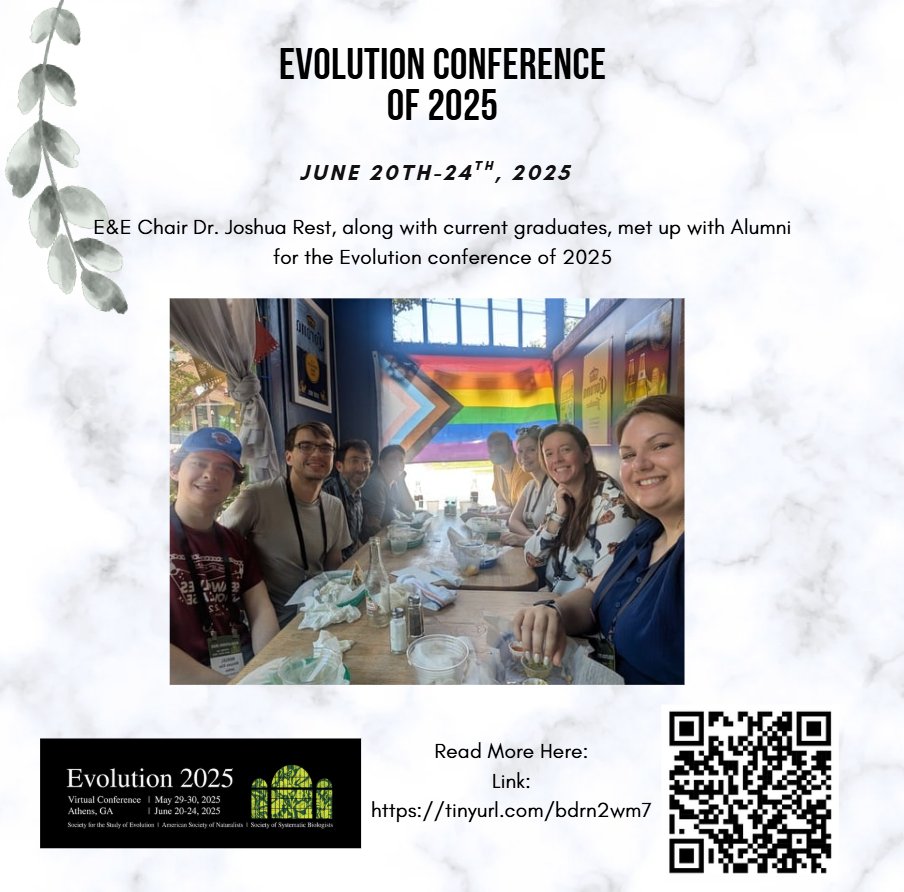 E&amp;E Chair Dr. Joshua Rest joins current graduate students and alumni at the Evolution Conference 2025 for a memorable meet-up in Athens, GA! 🌿📚 #ecology #evolution #research