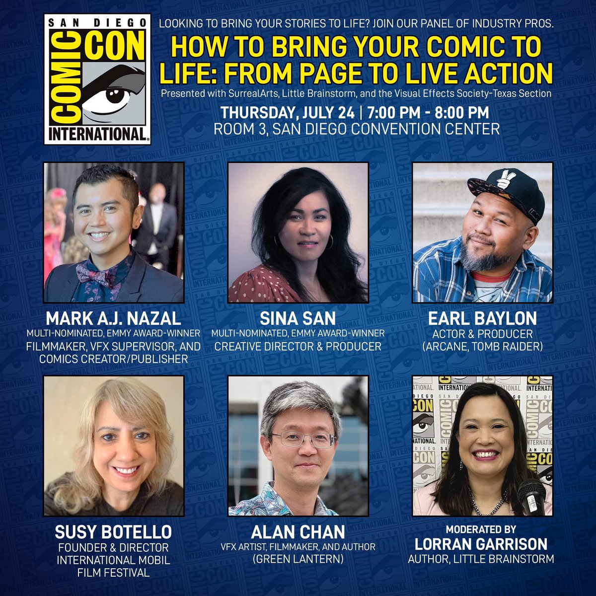 Big News today! IMFF founder <a href="/susybotello/">Susy Botello</a> is participating in the “How to Bring Your Cic to Life: From Page to Live Action” 7/24 Room 3 7-8PM with Mark AJ Nazal, Sina San, Earl Baylon, Alan Chan &amp; Lorran Garrison. #SanDiegoComicCon #SDCC2025 #MobileFilmmaking