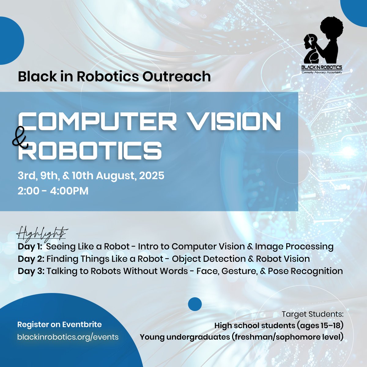Join us for a dynamic session on  Computer Vision for Robotics
 📷 8/3/25
 📷 1 PM EDT
Discover how robots see &amp; understand the world.
📷 Perfect for students, educators, and tech enthusiasts 
#BlackInRobotics #ComputerVision 
📷 Learn More at black-in-robotics.eventbrite.com