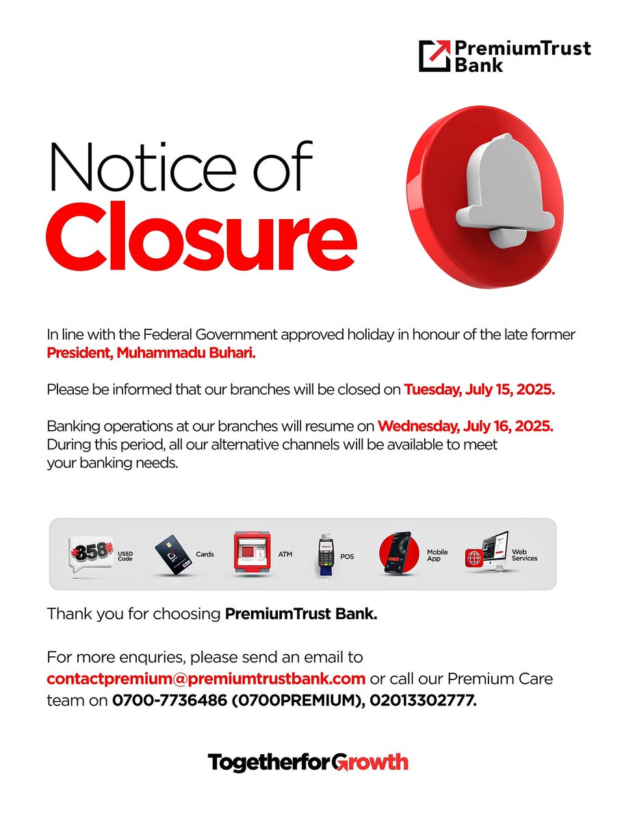 PremiumTrust Bank (@thepremiumtrust) on Twitter photo Please note that all our branches will be closed tomorrow, July 15, 2025.
Banking operations will resume on Wednesday, July 16, 2025.
Our alternative channels remain available for your banking needs. For assistance, email us at contactpremium@premiumtrustbank.com.
Thank you Please note that all our branches will be closed tomorrow, July 15, 2025.
Banking operations will resume on Wednesday, July 16, 2025.
Our alternative channels remain available for your banking needs. For assistance, email us at contactpremium@premiumtrustbank.com.
Thank you