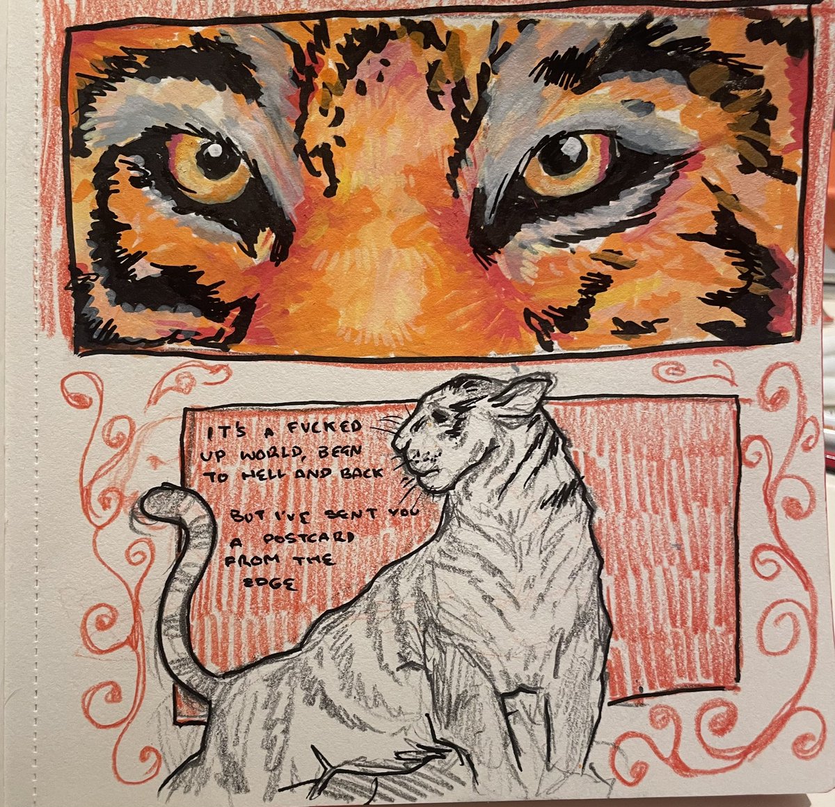 ravensinuryard's tweet photo. meow #tiger #sketchbook #paintpens https://t.co/jwMVti36qi