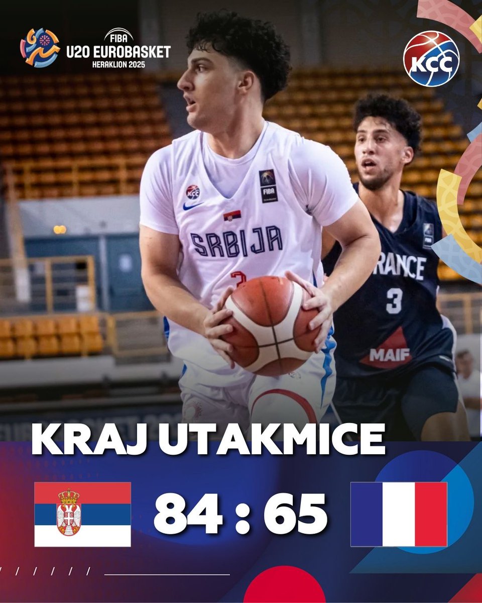 KSSrbije's tweet image. Tri od tri! 🇷🇸🔥

U20 reprezentacija Srbije završava grupnu fazu maksimalnim učinkom — treća pobeda, ovog puta protiv Francuske, i to ubedljivih 84:65! 🏀

Prvi u grupi, sigurni i ubedljivi — igramo jako i verujemo još jače!

Za koga? ZA SRBIJU‼️🇷🇸