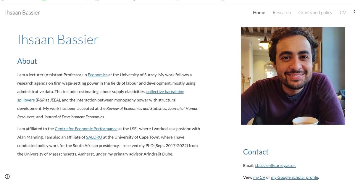 Today's cool young researcher #econtwitter #econsky is <a href="/ihsaanbassier/">Ihsaan</a>  <a href="/economicssurrey/">Economics at Surrey</a> who works on topics related to labor + political economy, particularly in South Africa