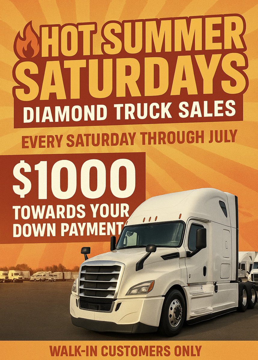 diamond_Trucks's tweet image. 🔥HOT SUMMER SATURDAYS🔥
at 💎🚚Diamond Truck Sales 
Every Saturday through July
Ready to take control of your career and start earning like an owner operator?
Come in. Cash in. Drive out. Cash out. 
#owneroperator #diamondtrucksales #bigrigs