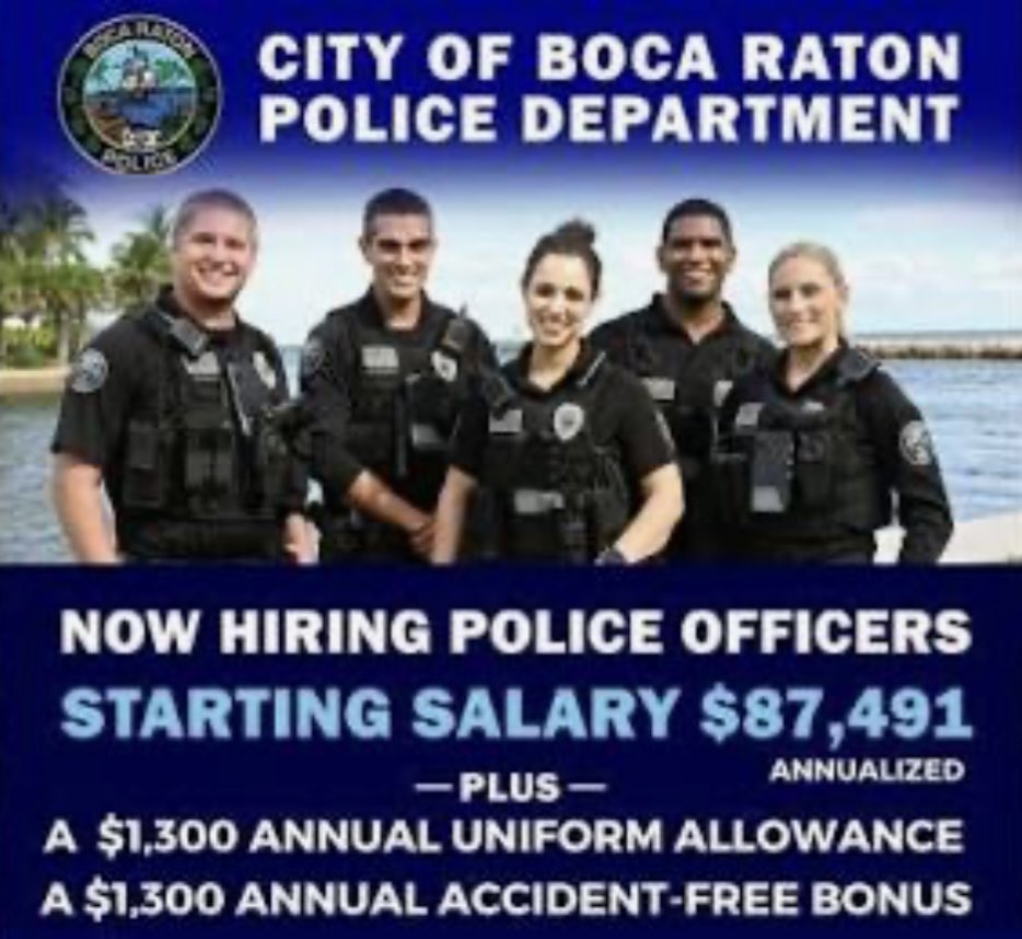 ROBERT S WEINROTH (@robertweinroth) on Twitter photo The <a href="/BocaPolice/">Boca Raton Police</a> Department offers a starting salary of $87,491 for police officer candidates. This includes a take-home car program, uniform and crash-free bonuses, and other benefits. <a href="/CityBocaRaton/">City of Boca Raton</a> <a href="/bocachief/">Chief Michele Miuccio</a> <a href="/BOCATWEETER/">NEWS FRM BOCA RATON</a> <a href="/bocatribune/">Boca Raton Tribune</a> The <a href="/BocaPolice/">Boca Raton Police</a> Department offers a starting salary of $87,491 for police officer candidates. This includes a take-home car program, uniform and crash-free bonuses, and other benefits. <a href="/CityBocaRaton/">City of Boca Raton</a> <a href="/bocachief/">Chief Michele Miuccio</a> <a href="/BOCATWEETER/">NEWS FRM BOCA RATON</a> <a href="/bocatribune/">Boca Raton Tribune</a>