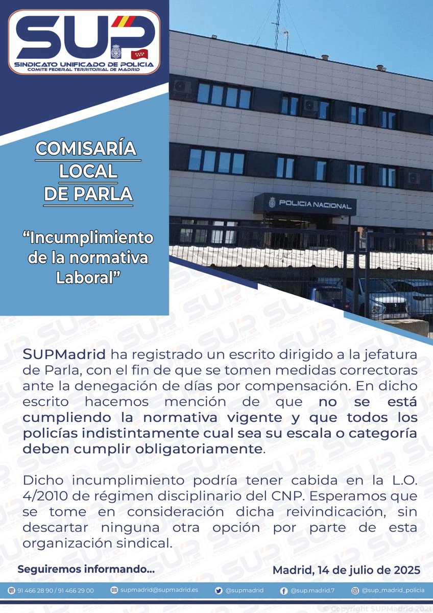 📢 En #Parla se vulnera la normativa laboral.

🔊 Desde #SUPMadrid advertimos: ningún policía está por encima de la ley. Reclamamos el cumplimiento obligatorio de los derechos laborales e instamos a la dirección a rectificar antes de agotar otras vías.
#SupSeguridadJurídica