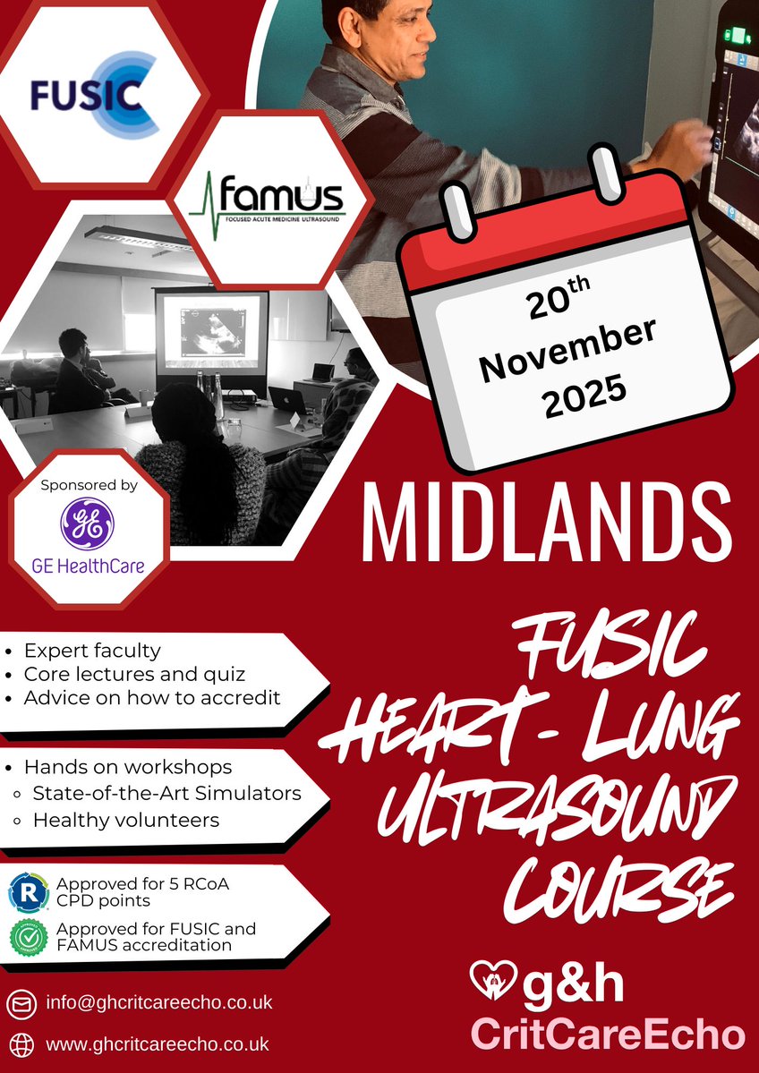ghcritcareecho's tweet image. 🫁 FUSIC Heart &amp;amp; Lung Course in Birmingham this Autumn 🍂

Essential cardiothoracic ultrasound for all healthcare professionals. Master cardiac and lung ultrasound with expert faculty. FUSIC &amp;amp; FAMUS approved

📅 20th Nov 2025
📍 Delta Hotels Birmingham
🔗 buff.ly/COHTyGB