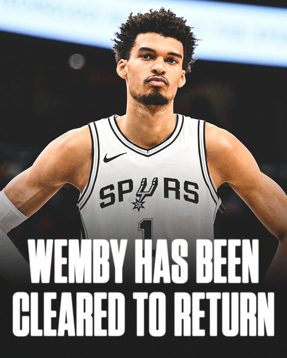 ESPNNBA's tweet photo. The Spurs have officially cleared Wemby to return to basketball activities, he said in a statement to L'Équipe 🔥 

A deep vein right shoulder thrombosis limited him to just 46 games last season.

Full story: https://t.co/NPaRi1L41k https://t.co/Ttw4kxGw2H