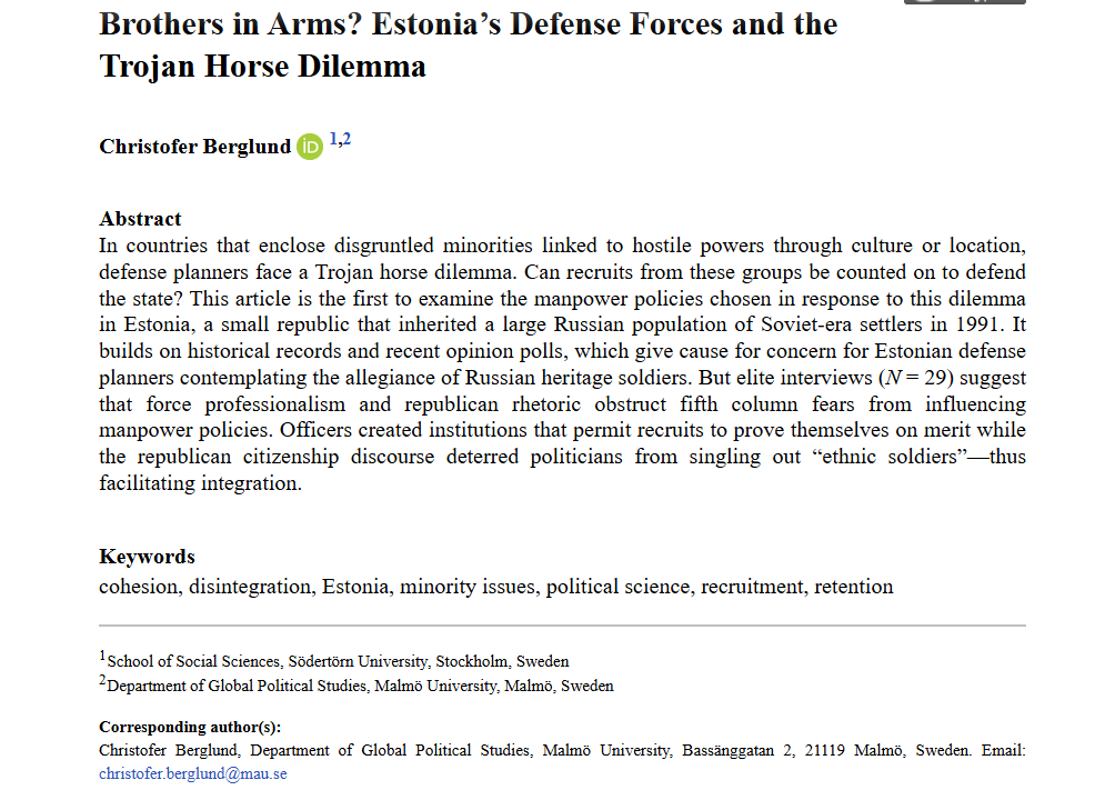 Armed Forces & Society (@afs_sage) on Twitter photo New in OnlineFirst: Brothers in Arms? Estonia’s Defense Forces and the Trojan Horse Dilemma - Christofer Berglund (<a href="/chrberglund/">Christofer Berglund</a>), 2025 #OpenAccess journals.sagepub.com/doi/full/10.11… New in OnlineFirst: Brothers in Arms? Estonia’s Defense Forces and the Trojan Horse Dilemma - Christofer Berglund (<a href="/chrberglund/">Christofer Berglund</a>), 2025 #OpenAccess journals.sagepub.com/doi/full/10.11…