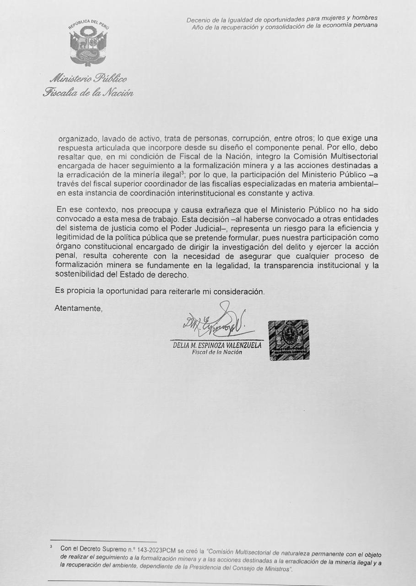 #LoÚltimo 🚨Eduardo Arana, titular de <a href="/pcmperu/">Consejo de Ministros</a>,  informó que durante 60 días estará vigente una mesa de trabajo sobre el proceso de formalización de la #mineríailegal con participación del Estado y gremios mineros. Sin embargo, la <a href="/FiscaliaPeru/">Ministerio Público</a>, no fue convocada. 🧵