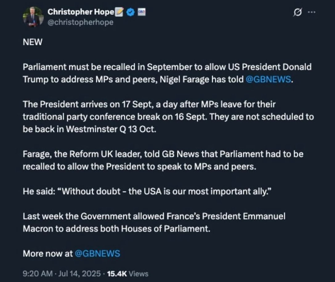 So #Farage an MP who rarely attends parliament wants to open it so he can welcome his convicted rapist mate? Then he publicises his demand via a right wing so-called news channel that he's a major shareholder in through his mate. Farage and #ReformUK are political parasites.