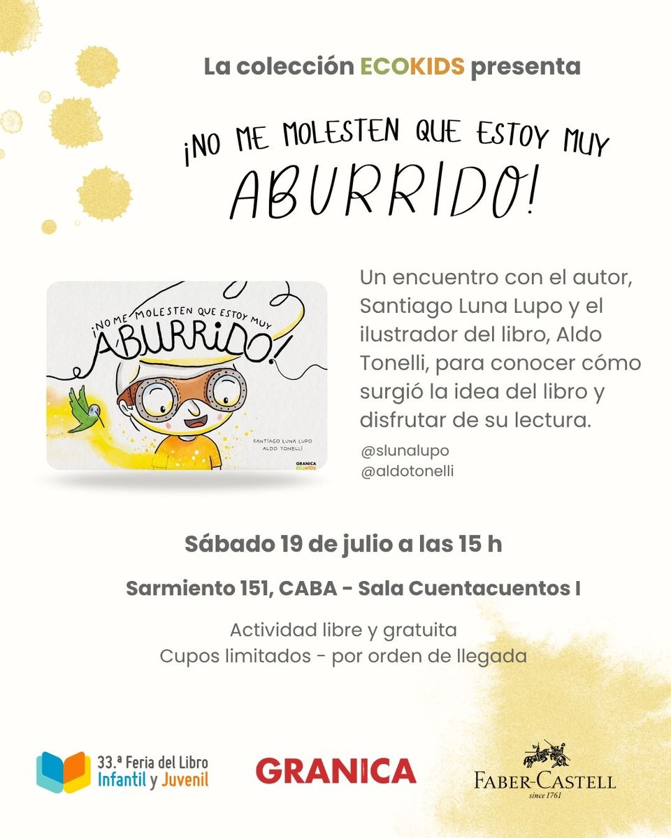 Ediciones Granica (@granicaeditor) on Twitter photo 📌 ¡Agenda esta fecha! 📌
📚 El sábado 19/07 a las 15:00 hs te esperamos en la Feria del Libro Infantil y Juvenil para vivir una experiencia única.
🗓 Junto a <a href="/slunalupo/">Santiago Luna Lupo</a> <a href="/aldotonelli/">Aldo Tonelli</a> y @fabercastellargentina tendremos una actividad para niñas y niños. 📌 ¡Agenda esta fecha! 📌
📚 El sábado 19/07 a las 15:00 hs te esperamos en la Feria del Libro Infantil y Juvenil para vivir una experiencia única.
🗓 Junto a <a href="/slunalupo/">Santiago Luna Lupo</a> <a href="/aldotonelli/">Aldo Tonelli</a> y @fabercastellargentina tendremos una actividad para niñas y niños.