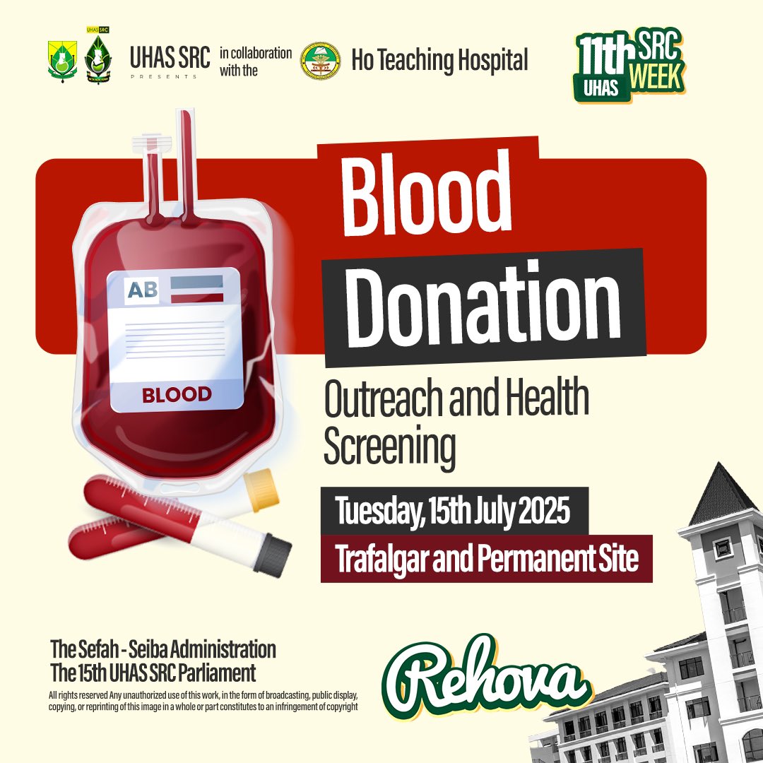 uhas__src's tweet photo. 🩸 Give Blood, Save Lives!
Join the Blood Donation Drive & Hepatitis B Vaccination this July 15th at Trafalgar & Permanent Site, 9:00 AM.
Save lives, protect yours ,be a Hero in a White Coat! 💉❤️
#ReHoVa25
#11thSRCWeekCelebration
#UHAS_SRC https://t.co/GP0p17ubrn