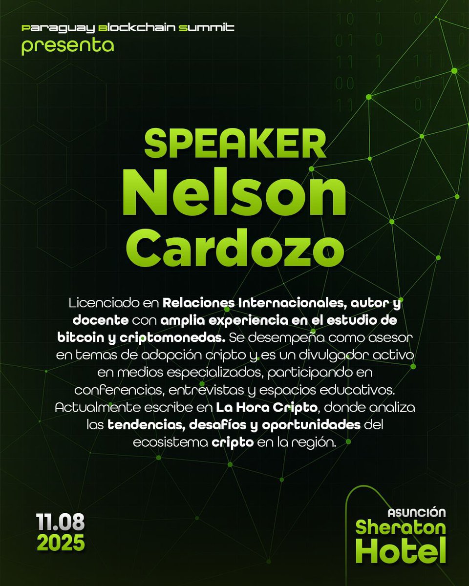 PBSpy_'s tweet image. Nuevo speaker confirmado: Nelson Cardozo!
Especialista en Bitcoin y criptomonedas, con una trayectoria destacada en educación, análisis y adopción cripto en la región.
📍11 de agosto | Sheraton Hotel – Asunción
#PBS2025 #NelsonCardozo #CryptoLATAM