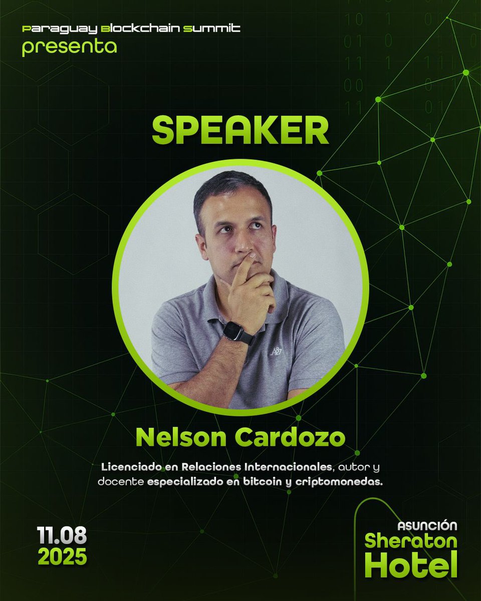 PBSpy_'s tweet image. Nuevo speaker confirmado: Nelson Cardozo!
Especialista en Bitcoin y criptomonedas, con una trayectoria destacada en educación, análisis y adopción cripto en la región.
📍11 de agosto | Sheraton Hotel – Asunción
#PBS2025 #NelsonCardozo #CryptoLATAM
