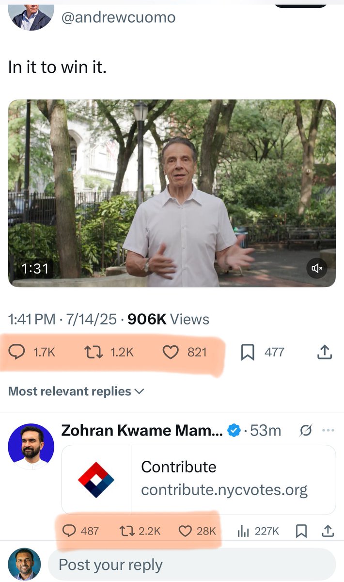 QasimRashid's tweet image. Cuomo announces Independent bid for mayor and he’s already horribly ratio’d by Mamdani’s donation link. ¯\_(ツ)_/¯
Also whoever told Cuomo to drop the jacket and wear a dad shirt gave him terrible advice. He looks like a frail angry old man yelling at a cloud.