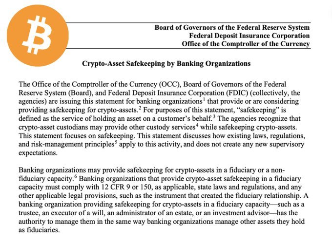 🚨🚨🇺🇸 FED deu aval para bancos autorizarem bitcoin e cryptos.