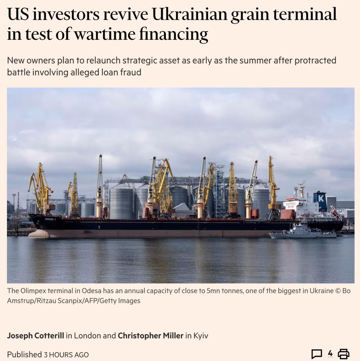 Зеленский отдал американцам терминал в порту Одессы.

Один из крупнейших терминалов Одесского порта — Olimpex с пропускной способностью около 5 млн тонн — перешёл под контроль американских фондов Argentem Creek