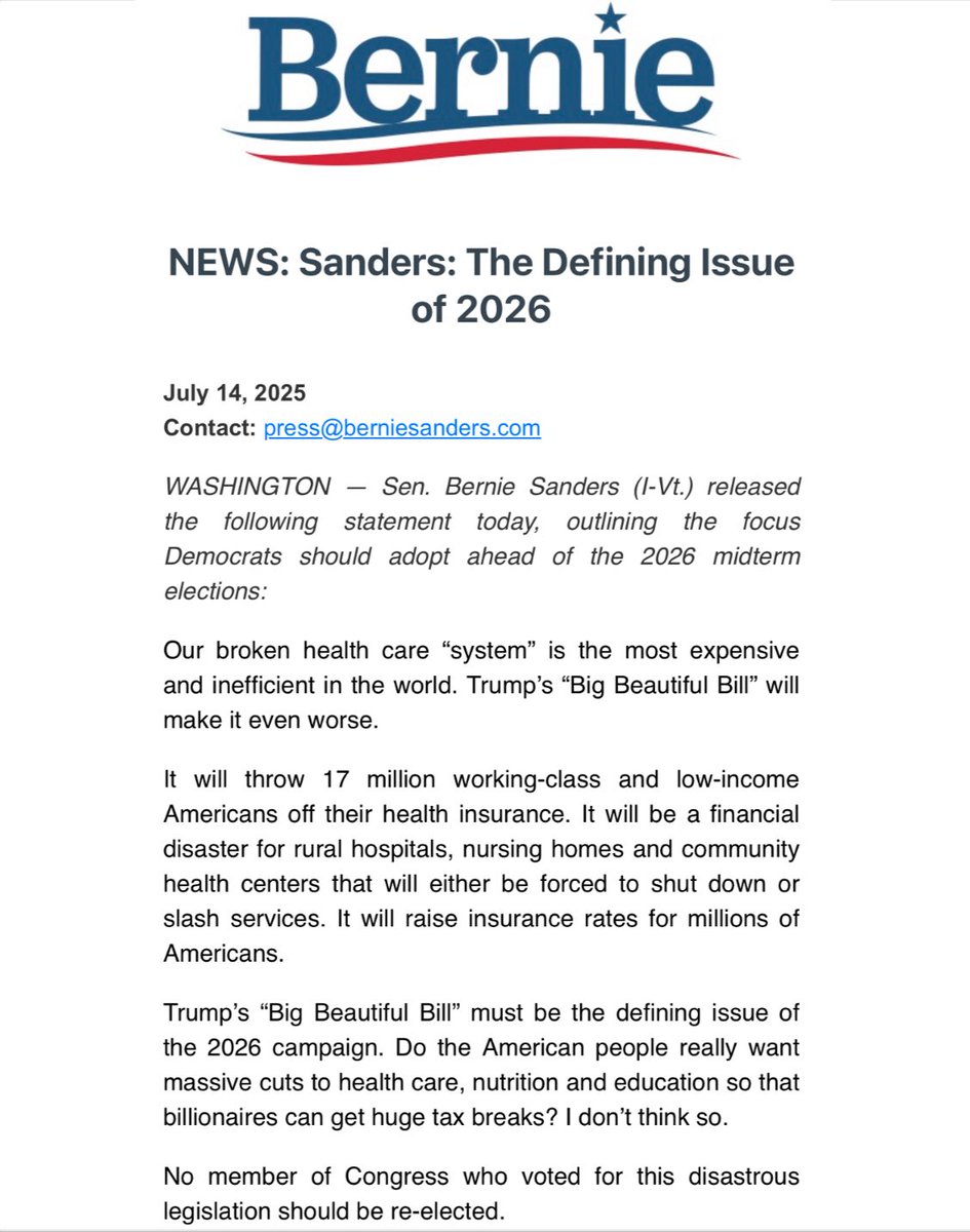 BernieSanders's tweet image. Trump’s “Big Beautiful Bill” must be the defining issue of the 2026 campaign.
Americans don’t want huge cuts to health care, nutrition & education so billionaires can get huge tax breaks.
No member of Congress who voted for this disastrous legislation should be re-elected.