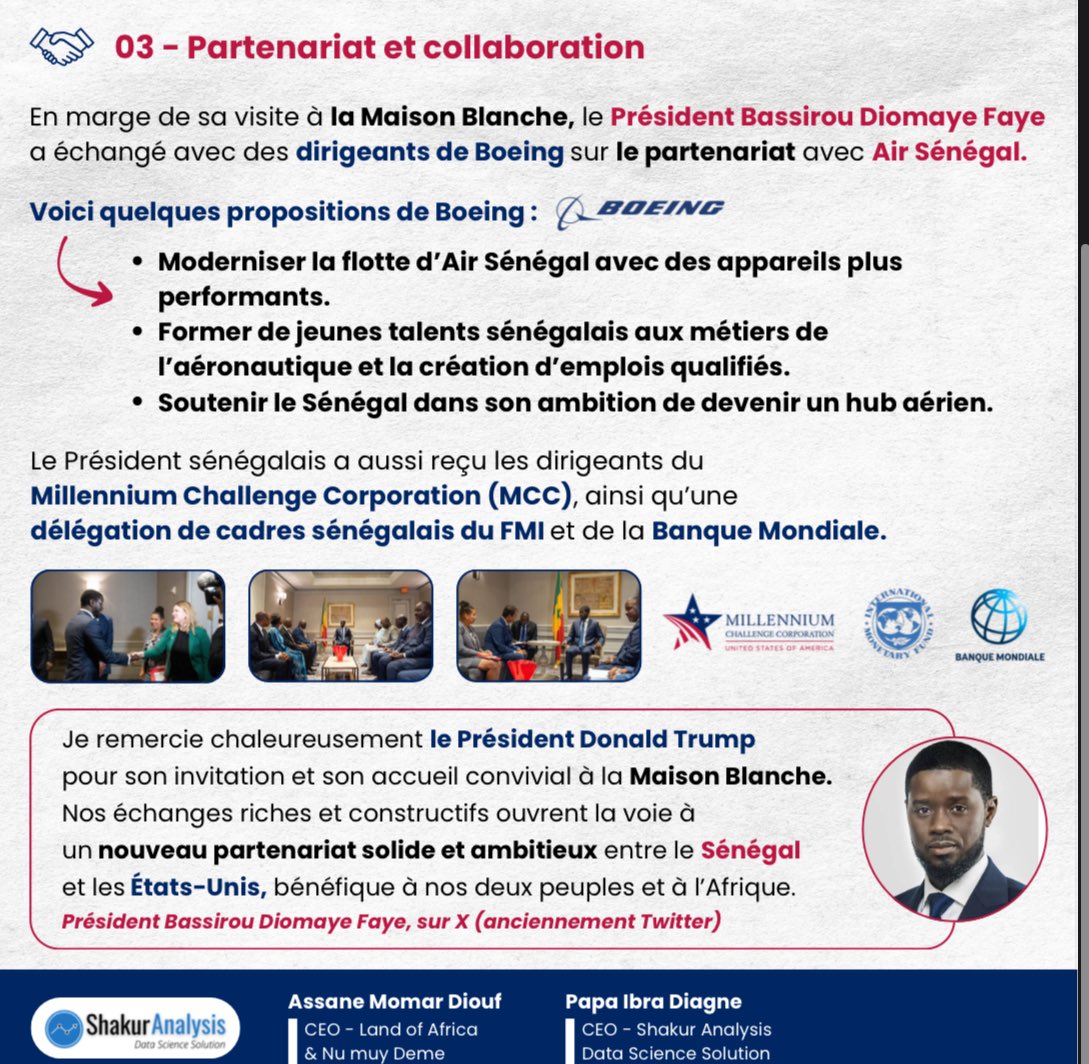 Momar Assane (@noo_idcard) on Twitter photo ‼️ le <a href="/PR_Diomaye/">Bassirou Diomaye Faye</a> ainsi que 4 de ses homologues présidents ont effectués une visite de travail dans le contexte d’un sommet Afrique - USA avec <a href="/realDonaldTrump/">Donald J. Trump</a>
🎯 Qu’est ce qui a été retenu lors de cette visite ?
🎯 Les retombées pour le senegal
🎯 les partenariats noués ‼️ le <a href="/PR_Diomaye/">Bassirou Diomaye Faye</a> ainsi que 4 de ses homologues présidents ont effectués une visite de travail dans le contexte d’un sommet Afrique - USA avec <a href="/realDonaldTrump/">Donald J. Trump</a>
🎯 Qu’est ce qui a été retenu lors de cette visite ?
🎯 Les retombées pour le senegal
🎯 les partenariats noués