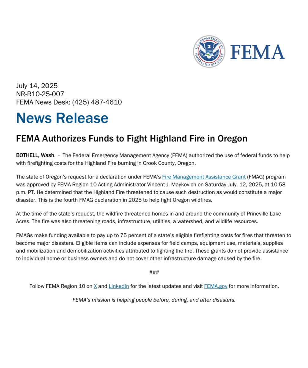 RepBentz's tweet image. I am pleased to announce that the White House has authorized FEMA to provide funding to help fight the Highland Fire currently burning in Crook County, Oregon. We must protect the homes, infrastructure, and natural resources threatened by this dangerous wildfire. This…