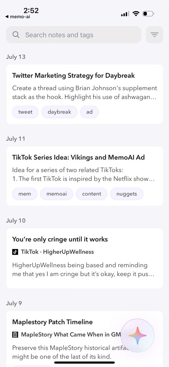 jacksonmaynot's tweet image. as a web dev, i’ve had to force myself to break out of engrained design patterns when creating memoAI
turns out, borders are basically not a thing in modern mobile app design! i removed almost all of them and now the home screen looks 100x cleaner. pretty!