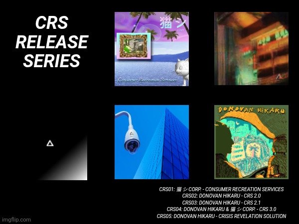 The CRS Release Series infographic...

Releases as part of the series from Donovan Hikaru &amp; <a href="/catsystemcorp/">猫 シ Corp.</a>
 
🎩👔🎺🌁🌃🎼🐱💽

File under: Vaporwave, chill, downtempo, lofi, smooth jazz, utopian virtual, officesoft, ambient, idm
