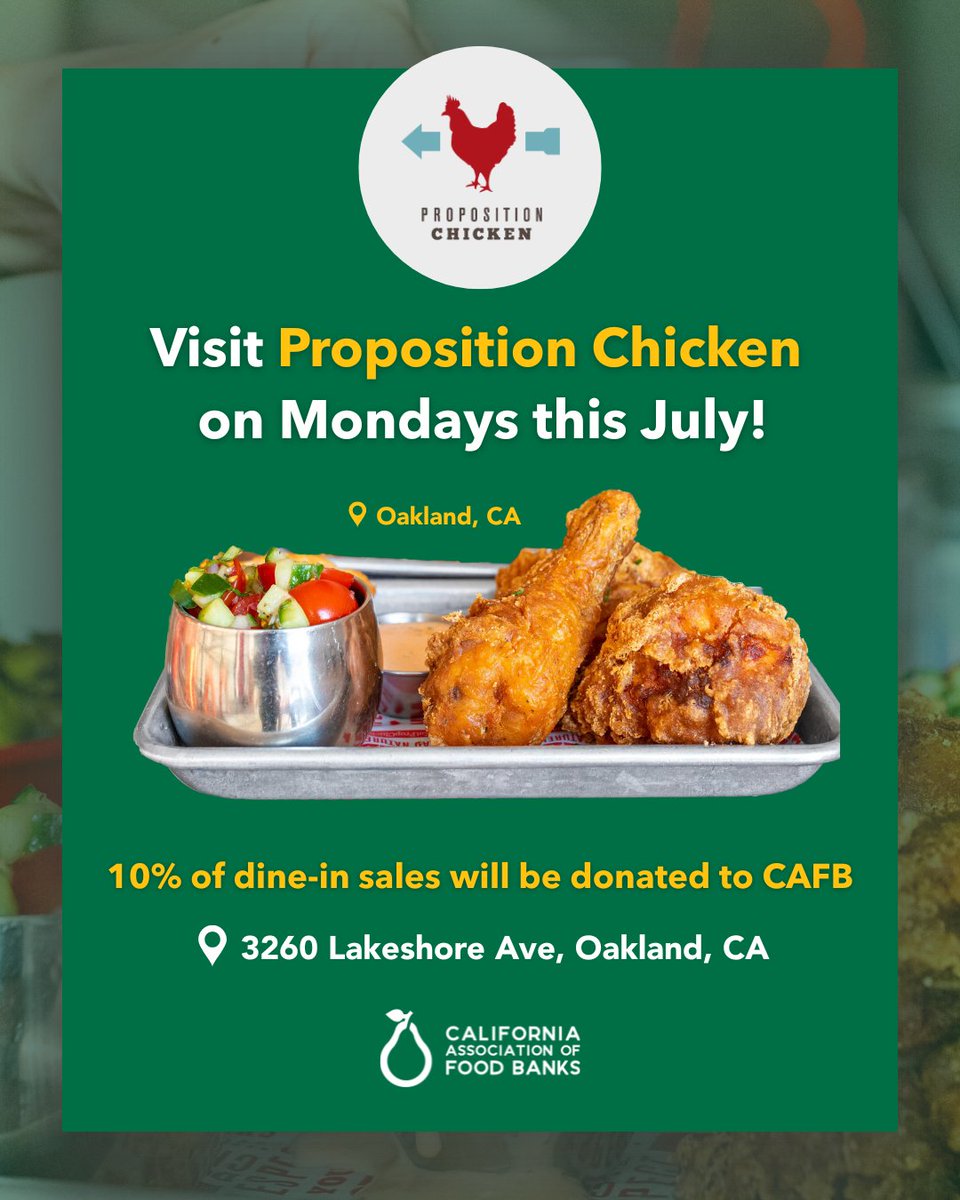 CAFoodBanks's tweet image. We're the featured nonprofit at @EatPropChicken's Oakland location during July! 🍗✨ Dine in on any Monday this month, & 10% of your order will be donated to support our mission.
Come eat good food with us! #PropositionChicken
📍 Learn more at: cafoodbanks.org/proposition-ch…
