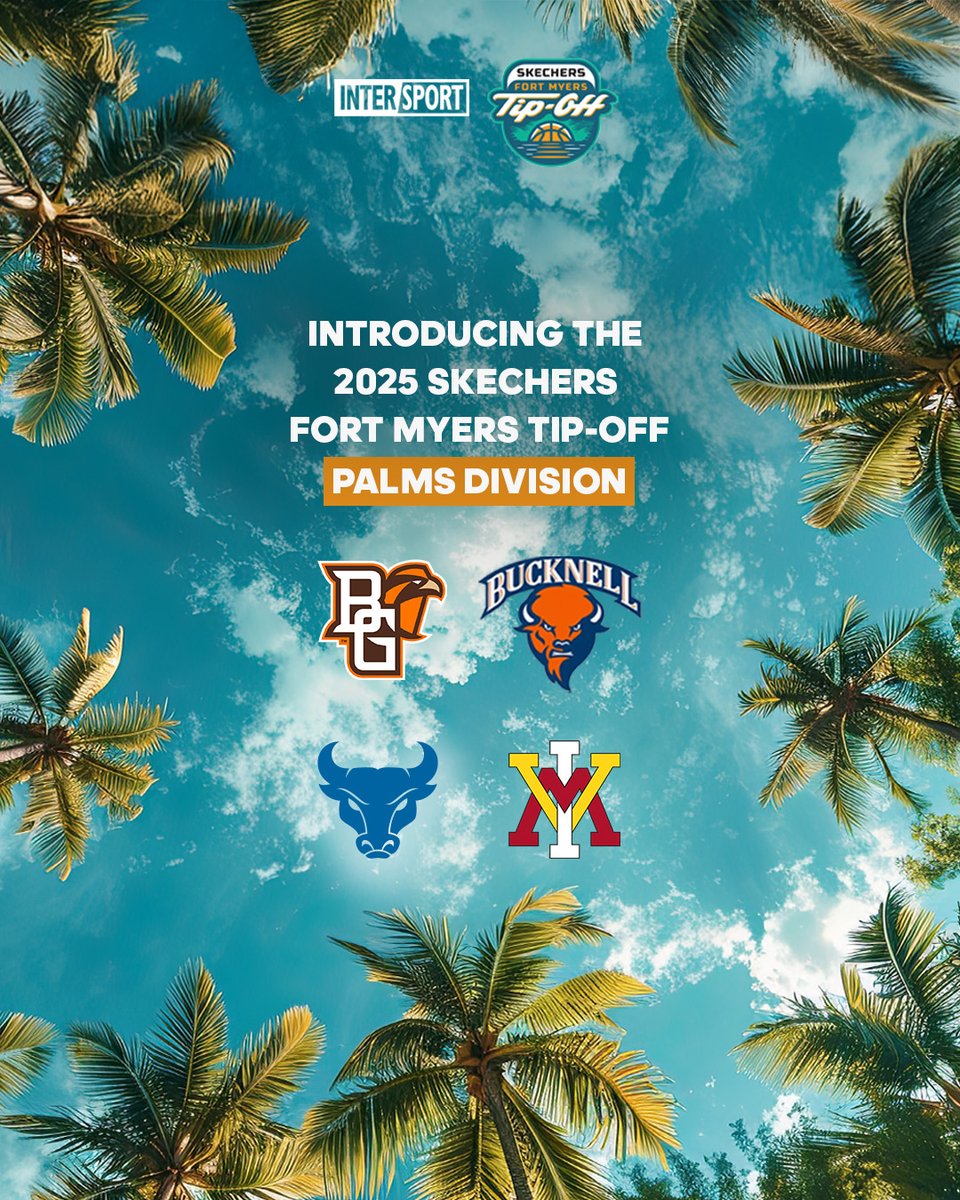 IntersportBuzz's tweet image. The 2025 Skechers Fort Myers Tip-Off Palms Division is set:
Bowling Green, Bucknell, Buffalo, and VMI are headed to Florida this November.
🗓️ Nov. 24 & 26
📍 Suncoast Credit Union Arena – Fort Myers, FL
🎟️ Travel packages drop July 23
🔗 fortmyerstipoff.com/travel