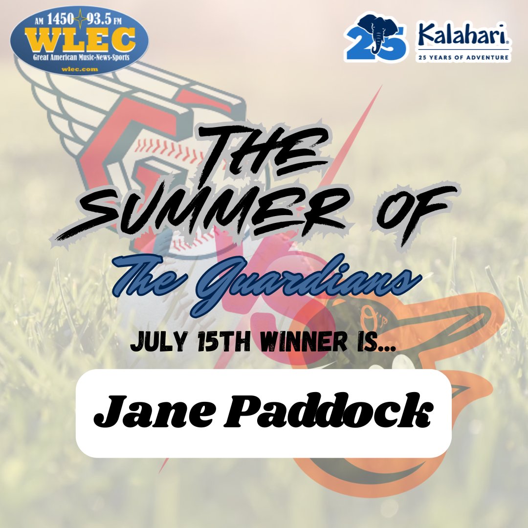 1450amwlec's tweet image. Congrats to Jane Paddock—our 5th Kalahari Resorts - Sandusky Summer of the Guardians winner! She's headed to see the Guardians vs. Orioles next Tuesday and is now in the running for the ultimate grand prize!⚾Enter daily: wlec.com/contest/the-su… Next winner announced July 23rd!