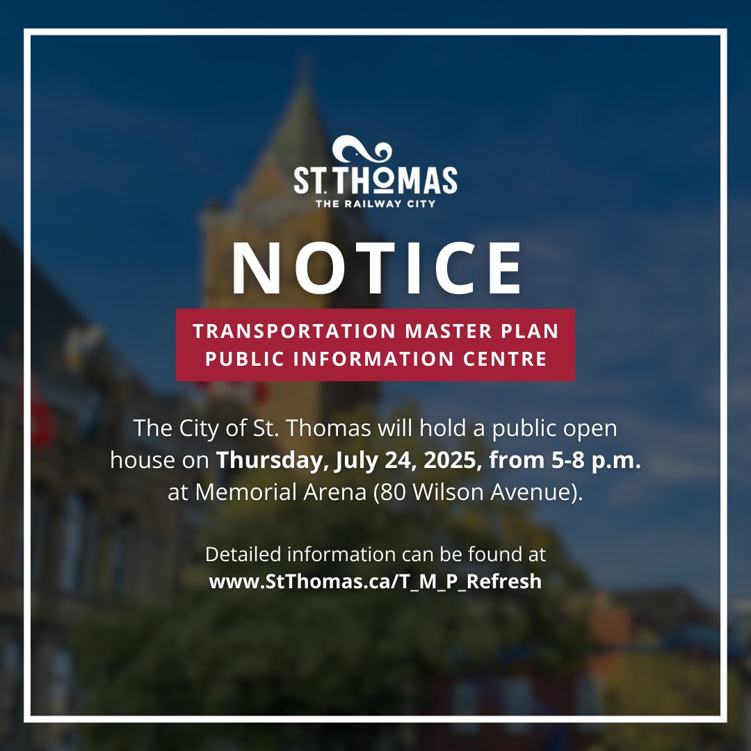 cityofstthomas's tweet image. We’re refreshing our Transportation Master Plan, and we want your input!
This is your chance to learn more about the project, ask questions, and share feedback that will help guide how we move through our city.
🔗 Learn more: tinyurl.com/4frdm9v3
#TheRailwayCity #StThomasON