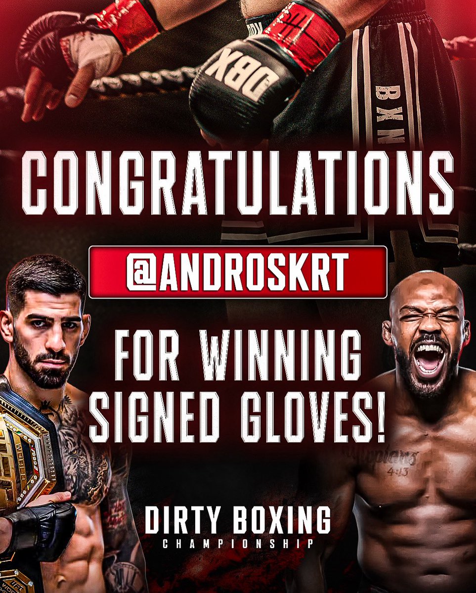 DirtyBoxing_'s tweet image. 🥊 WE HAVE A WINNER! 🥊
Big congrats to androskrt for winning the signed DBX gloves from Jon Jones and Ilia Topuria 🔥
You just scored a piece of history from two of the pound-for-pound best in the game 💯