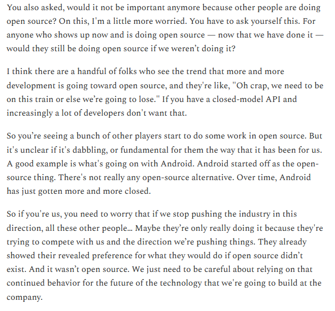 modestproposal1's tweet image. Zuck on Dwarkesh in April:
"So you’re seeing a bunch of other players start to do some work in open source. But it's unclear if it's dabbling, or fundamental for them the way that it has been for us."